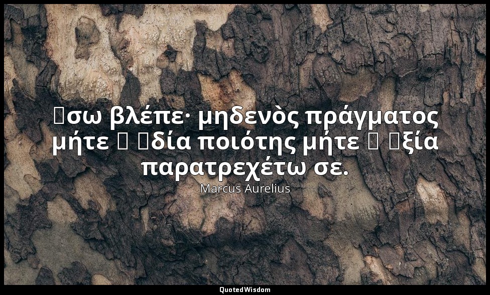 Ἔσω βλέπε· μηδενὸς πράγματος μήτε ἡ ἰδία ποιότης μήτε ἡ ἀξία παρατρεχέτω σε. — Marcus Aurelius