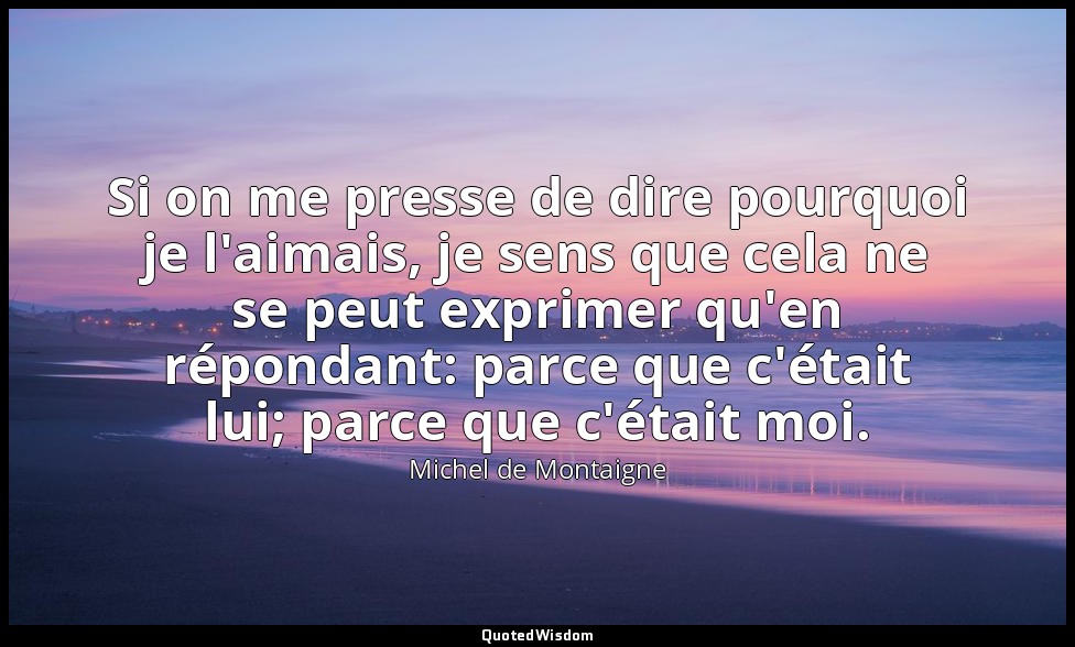 Si on me presse de dire pourquoi je l'aimais, je sens que cela ne se peut exprim — Michel de Montaigne