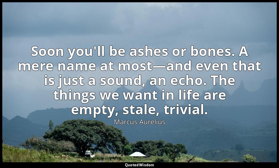 Soon you'll be ashes or bones. A mere name at most—and even that is just a sound — Marcus Aurelius