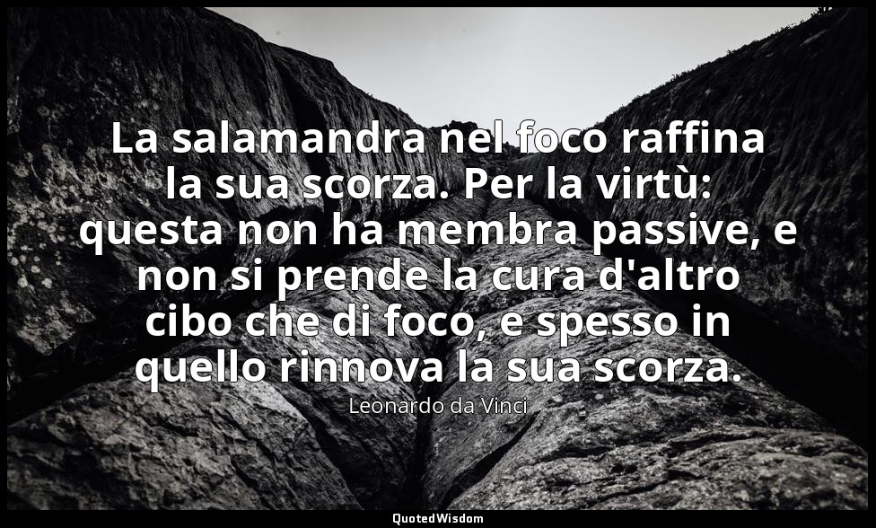 La salamandra nel foco raffina la sua scorza. Per la virtù: questa non ha membra — Leonardo da Vinci