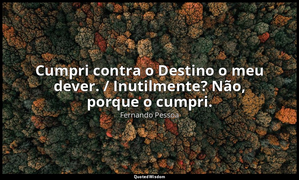 Cumpri contra o Destino o meu dever. / Inutilmente? Não, porque o cumpri. — Fernando Pessoa